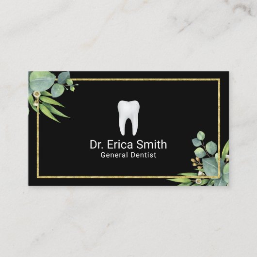 デンタルケアエレガントの葉金ゴールドフレーム歯科医 名刺 (正面)