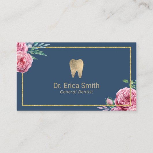デンタルケアエレガントネイビー&金ゴールドフローラ歯科医 名刺 (正面)