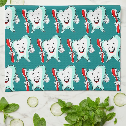 デンタルケアハッピーティース歯ブラシパターン キッチンタオル (折り畳み)