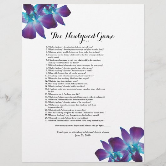 デンドロビウムオーキッド新着ブライダルシャワーゲーム (正面)