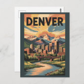 デンバーコロラドイラストレーションサンセットトラベルアート ポストカード (正面/裏面)