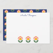 デンマークのかわいいフォークのフラワーブルーパーソナライズされたネーム ノートカード (正面/裏面)