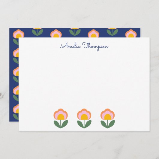 デンマークのかわいいフォークのフラワーブルーパーソナライズされたネーム ノートカード (正面/裏面)