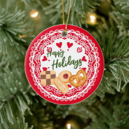 デンマークのクッキーハッピーホリデーズオーナメントレッドブルー セラミックオーナメント
