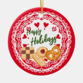 デンマークのクッキーハッピーホリデーズオーナメントレッドブルー セラミックオーナメント (正面)