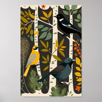 デンマークのスカンジナビアの鳥の木ミニマリストBoho ポスター