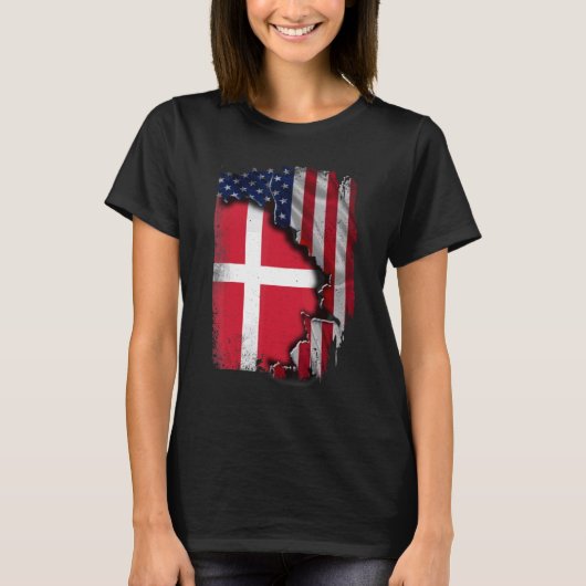 デンマークルーツ ハーフアメリカ国旗 愛国 デンマーク Tシャツ (正面)