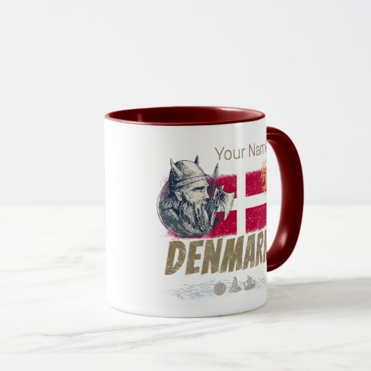 デンマークヴィンテージ国旗のバイキングと船のお土産 マグカップ (正面右)