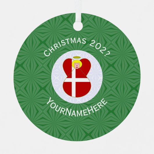 デンマーク国旗のエンジェルのクリスマス年 メタルオーナメント (正面)