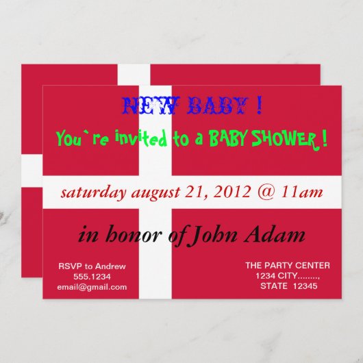 デンマーク国旗を持つベビーシャワー招待状 招待状 (正面/裏面)