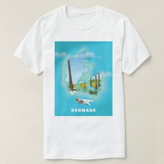 デンマーク地図 イラスト入り旅行ポスター Tシャツ (デザイン正面)