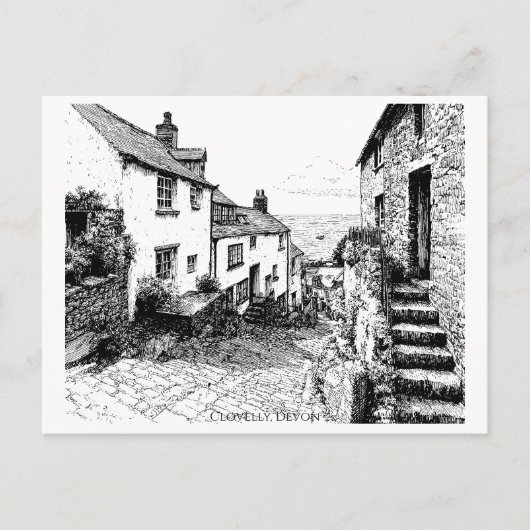 デヴォンイングランドClovelly Village Sketch ポストカード (正面)