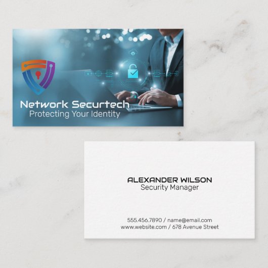 データのセキュリティを確保するビジネスマン | 暗号化されたネットワーク 名刺 (正面/裏面)