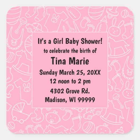 デートを除く女の子ピンクの赤ちゃんシャワー スクエアシール (正面)
