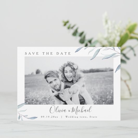 デートを除く、ほこりっぽい青い緑の写真結婚式 招待状 (スタンド正面)