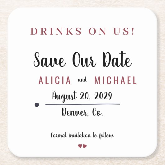 デートを除シンプルく私たち素朴な結婚式の飲み物 スクエアペーパーコースター (正面)