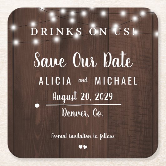 デートを除シンプルく私たち素朴な結婚式の飲み物 スクエアペーパーコースター (正面)