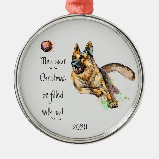  デート入りクリスマスの喜び 水彩 ドイツ牧羊犬 メス メタルオーナメント (正面)