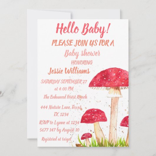 トアドストールマッシュルームベイビーシャワーレッド自然 招待状 (正面)
