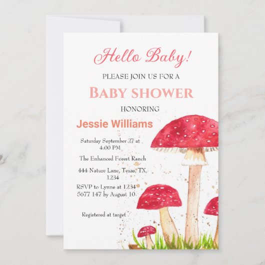 トアドストールマッシュルームベイビーシャワーレッド自然 招待状 (正面)