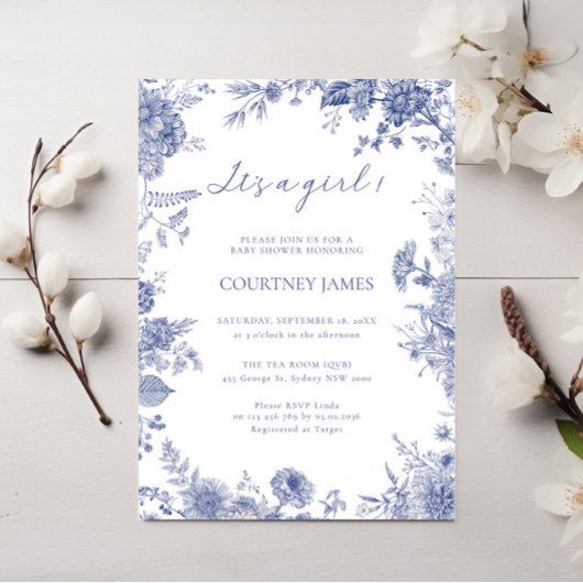 トイエレガントルフランスの・ブルー・トイル女の子ベビー 招待状