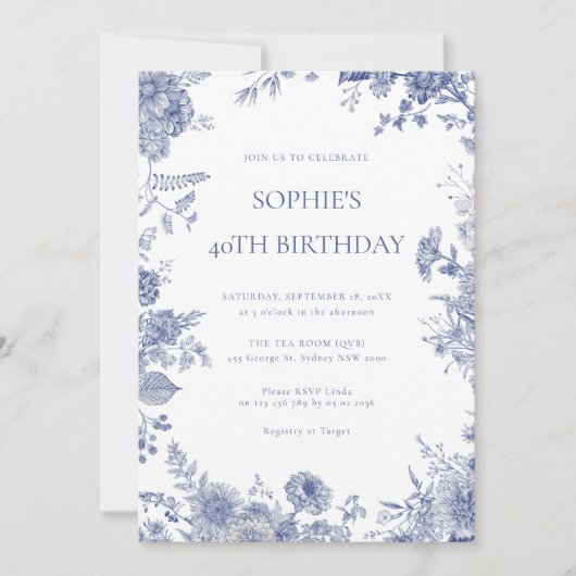 トイエレガントルフランスの・ブルー・トイル40歳の誕生日 招待状 (正面)