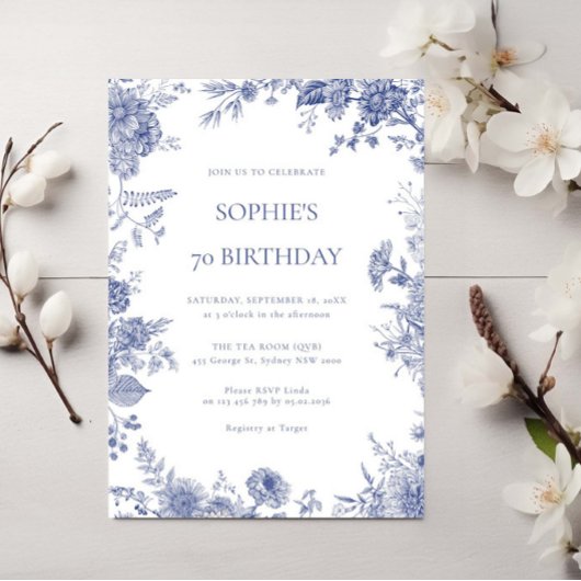 トイエレガントルフランスの・ブルー・トイル70歳の誕生日 招待状