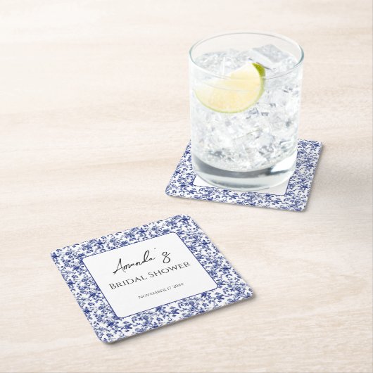 トイエレガントルブルーフローラブライダルシャワー スクエアペーパーコースター (インサイチュ)