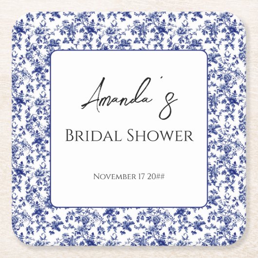 トイエレガントルブルーフローラブライダルシャワー スクエアペーパーコースター (正面)