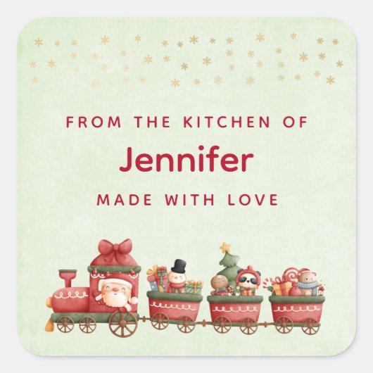 トイズキッチン付き可愛いヴィンテージクリスマストレイン スクエアシール (正面)
