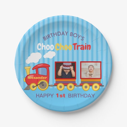 トイトレイントドラーボーイ誕生日ブルー ペーパープレート (正面)