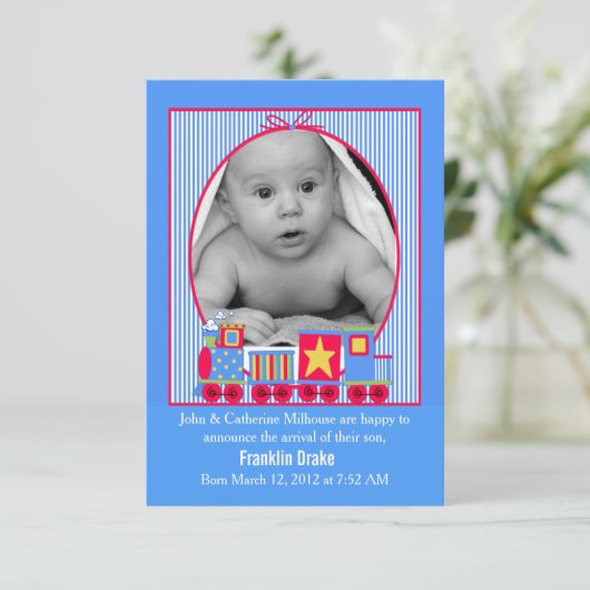 トイトレイン男の赤ちゃん誕生発表写真カード 案内状 (スタンド正面)