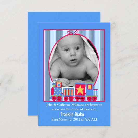 トイトレイン男の赤ちゃん誕生発表写真カード 案内状 (正面/裏面)