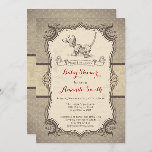 トイドッグのベビーシャワーの招待状のヴィンテージのレトロ 招待状 (正面/裏面)