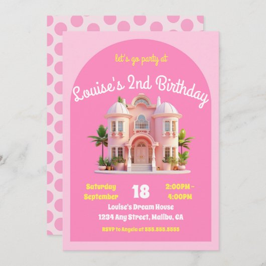トイドリームドールハウスピンクバースデーパーティー 招待状 (正面/裏面)