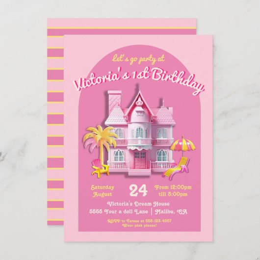 トイドリームドールハウスピンクバースデーパーティー 招待状 (正面/裏面)