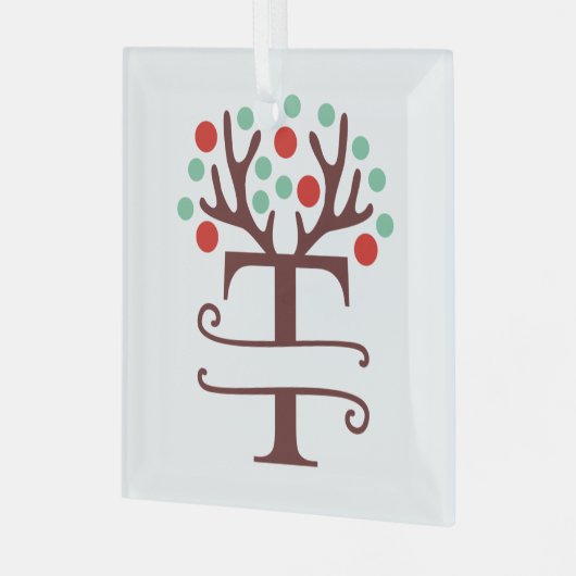トイパーソナライズされたンデリア〔雄ジカの〕枝角名"T" ガラスオーナメント (正面左)