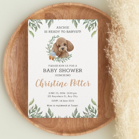 トイプードルアプリコットブラウンボホ緑のベビーシャワー 招待状