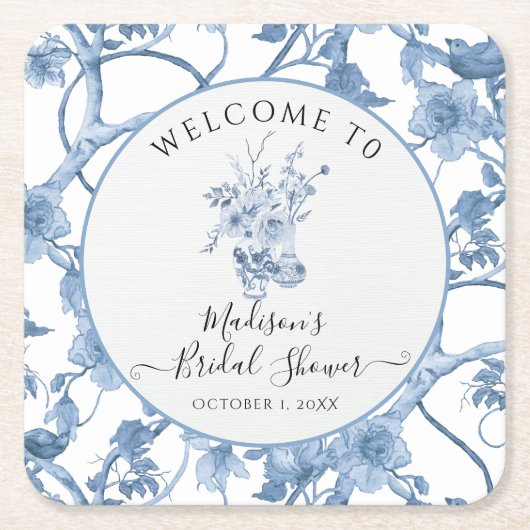 トイルエレガントフローラブルーとホワイトブライダルシャワー スクエアペーパーコースター (正面)