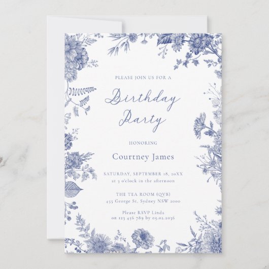 トイルエレガントブルーフランスのトイル誕生日パーティー 招待状 (正面)