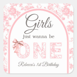トイルコケットピンクボウ女の子の最初の1歳の誕生日 スクエアシール