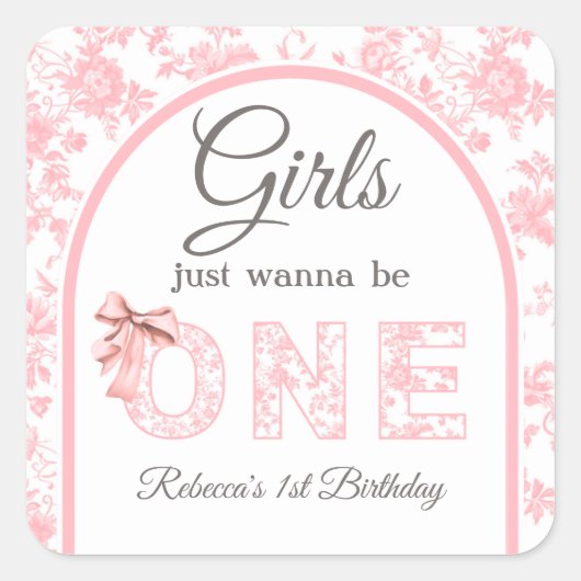 トイルコケットピンクボウ女の子の最初の1歳の誕生日 スクエアシール (正面)