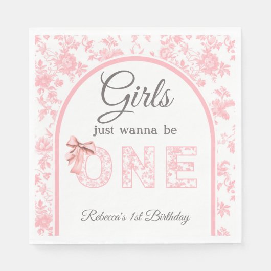 トイルコケットピンクボウ女の子の最初の1歳の誕生日 スタンダードランチョンナプキン (正面)