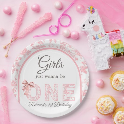 トイルコケットピンクボウ女の子の最初の1歳の誕生日 ペーパープレート (パーティー)