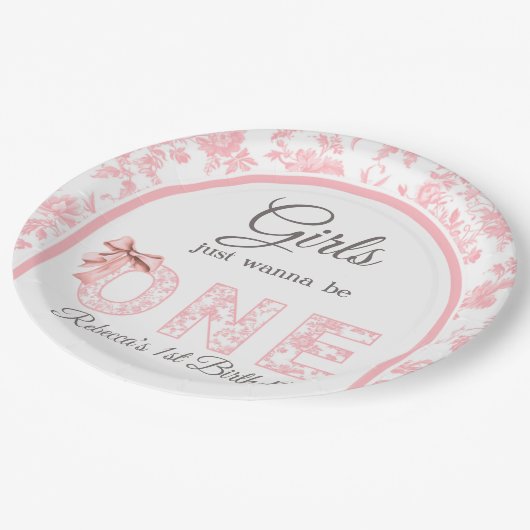 トイルコケットピンクボウ女の子の最初の1歳の誕生日 ペーパープレート (アングル)