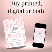 トイルコケットピンクボウ女の子の最初の1歳の誕生日 招待状