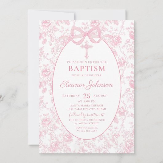 トイルピンクボウバプティスガールフォト招待状 招待状 (正面)