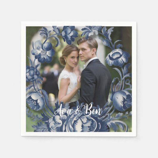 トイルフランスのヴィンテージブルーフローラ結婚ズ スタンダードカクテルナプキン (正面)