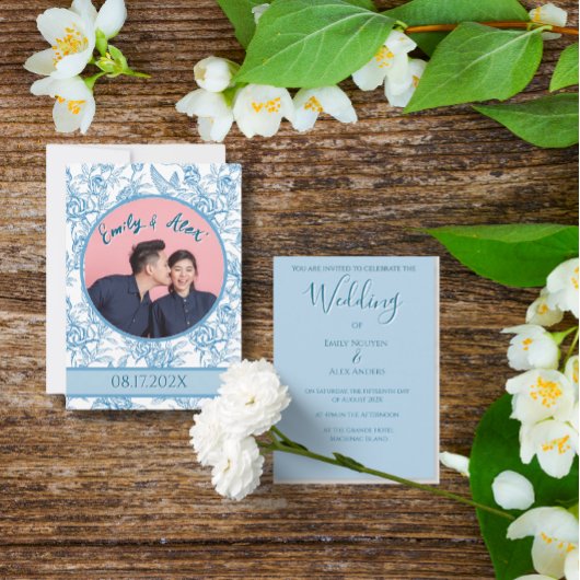 トイルフローラバードライトブルー結婚フォト 招待状