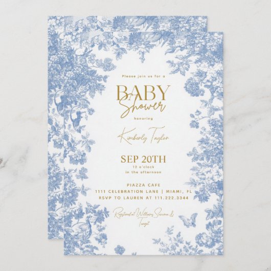 トイルフローラブルーベビーシャワー 招待状 (正面/裏面)